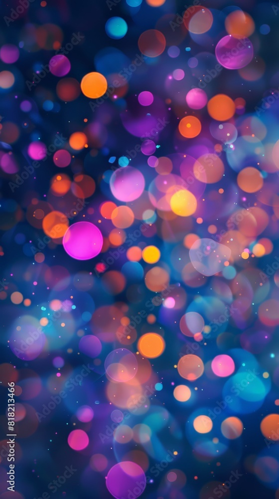 Poster vibrant bokeh background with dark blue and colorful circles. ideal for festive and party themes