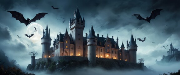 A mystical castle on a cliff, illuminated by moonlight and surrounded by flying bats, evoking a fantasy-like ambiance.