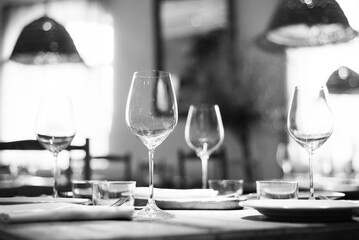 modern restaurant interior with wooden tables and chairs