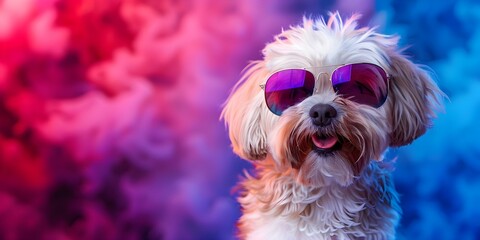 AIenhanced image of a playful dog wearing sunglasses against a colorful background. Concept Pets, Outdoor Photoshoot, AI-Enhanced, Colorful Props, Playful Dog
