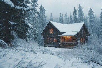 A peaceful cabin  during snowfall, A cozy cabin nestled in the middle of a snowy forest, AI-generated