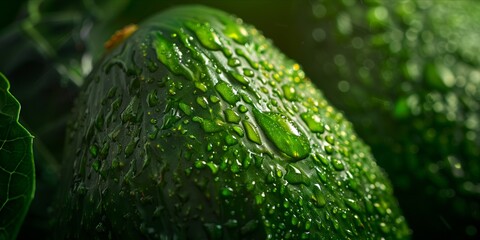 A close up of an avocado with water droplets.
