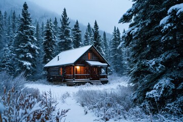 A peaceful cabin  during snowfall, A cozy cabin nestled in the middle of a snowy forest, AI-generated