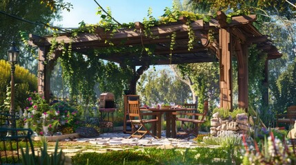 Obraz premium A wooden pergola adorned with lush greenery stands in a vibrant garden, bathed in the warm light of late afternoon. A set table and garden chairs invite relaxation.