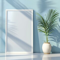 White frame mockup blank on floor and light blue wallpaper with a potted tropical plant, copy space