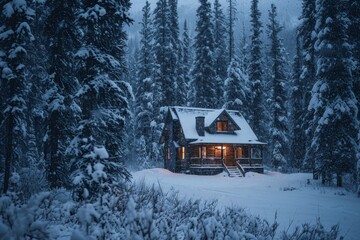 A peaceful cabin  during snowfall, A cozy cabin nestled in the middle of a snowy forest, AI-generated