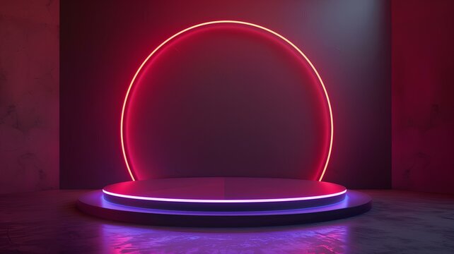 A pink neon circle stands over a circular platform in a dark space. The platform is surrounded