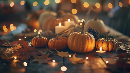 Happy Thanksgiving Day background, wooden table decorated with Pumpkins, Corncob, Candles and autumn leaves garland