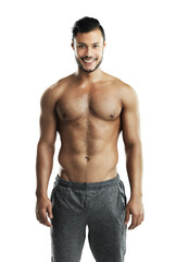 Studio, athlete and man with smile, portrait and abs from exercise, workout and gym for fitness....