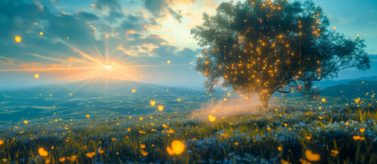 A breathtaking surreal view of a valley illuminated by fireflies at sunset on a warm summer day