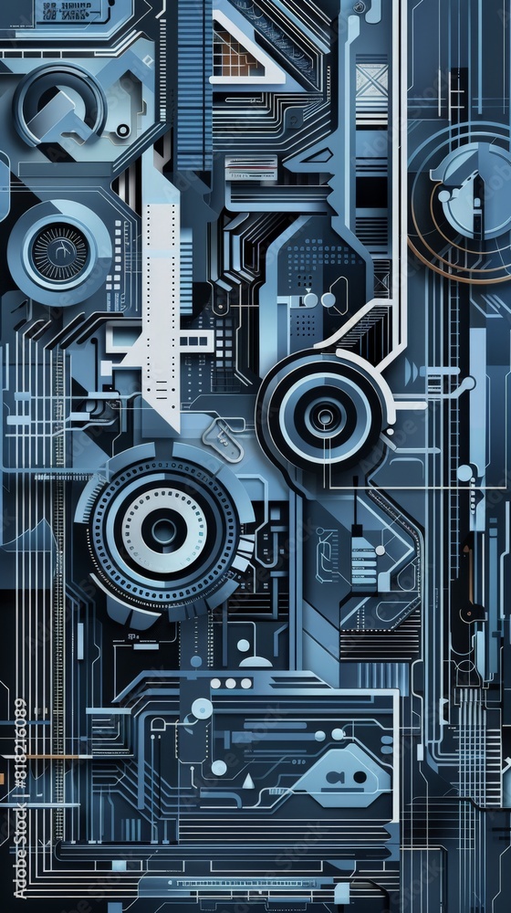 Poster complex 3d abstract background of blue mechanical designs, emphasizing futuristic technology and inn