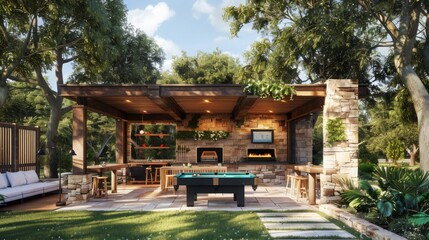 Obraz premium A stylish outdoor entertainment area features a pool table under a wooden pavilion, surrounded by greenery and equipped with comfortable seating and a built-in bar, lit by natural daylight.
