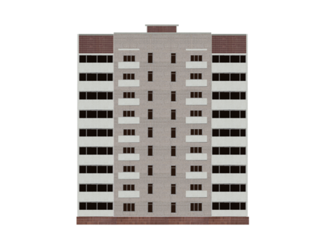 Nine-storey white apartment skyscraper building, isolated on transparent background.