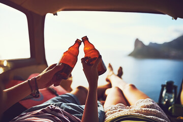 Couple, toast and van with view on road trip in Cape Town, beach vacation with relax in summer....
