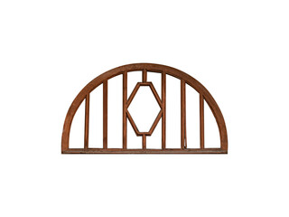 Old dark-colored brown shaped decorative long semicircular wooden window frame isolated on transparent background.