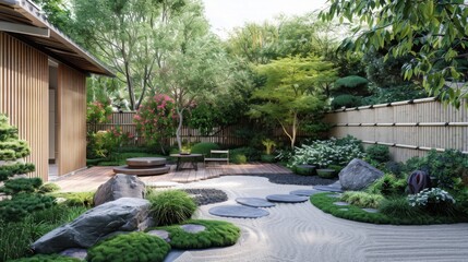 A Japanese garden with carefully arranged rocks and stones, creating a harmonious and structured landscape design.