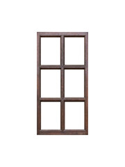 Old dark-colored brown wooden window frame with six sashes which are placed vertical, isolated on transparent background.
