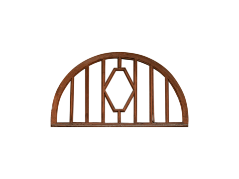 Old dark-colored brown shaped decorative long semicircular wooden window frame isolated on transparent background.