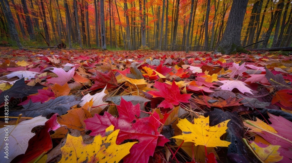 Poster with each gust of wind maple leaves gently fall to the ground adding to the mosaic of colors on the 