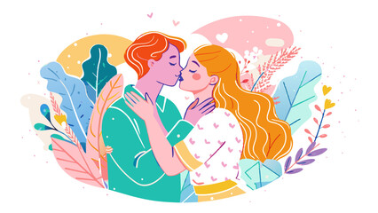 Romantic Couple Sharing a Gentle Kiss in Colorful Illustration. Vector illustration of World Kissing Day