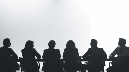 The photo shows a group of people sitting in a row, all facing the same direction. They are all wearing suits or formal business attire. The background is a blur of light. The photo is taken from a