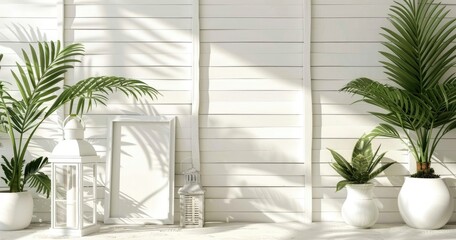 white wooden wall with white plants and lanterns, mock up frame on the side, sunlight