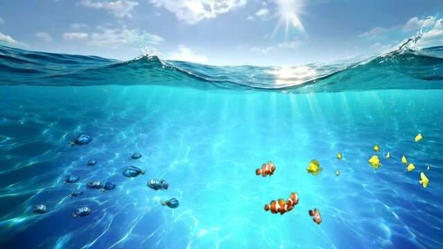 Ocean or sea in half water half sky. Rays of sunlight shining from above penetrate deep clear blue water. Realistic dark blue ocean surface.