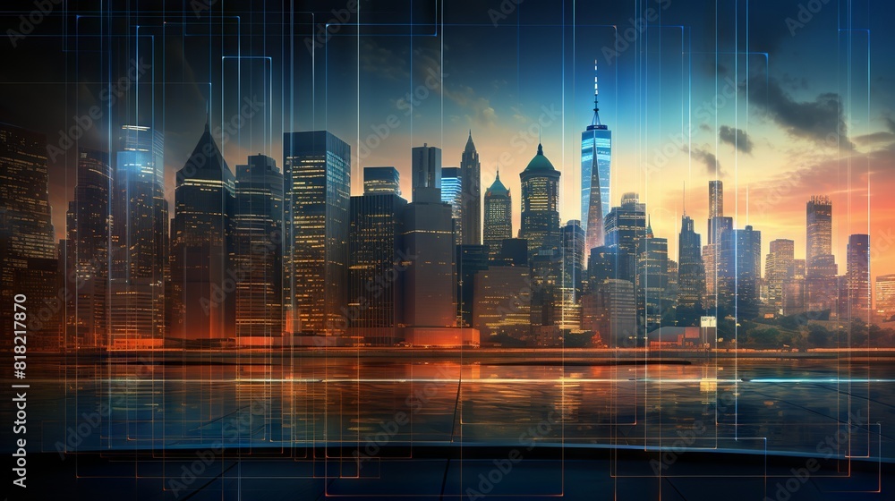 Poster modern cityscape with overlapping digital financial graphs and skyscrapers representing business and