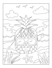 Summer coloring book for kids and adults, a pineapple is on a beach, pineapple outline coloring book