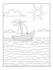 Summer coloring book for kids and adults, a drawing of a boat with the sun in the background.
