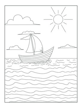 Summer coloring book for kids and adults, a drawing of a boat with the sun in the background.
