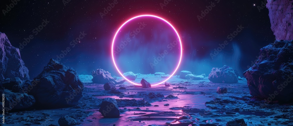 Poster cosmic landscape abstract background featuring 3d render round portal neon light virtual reality ene