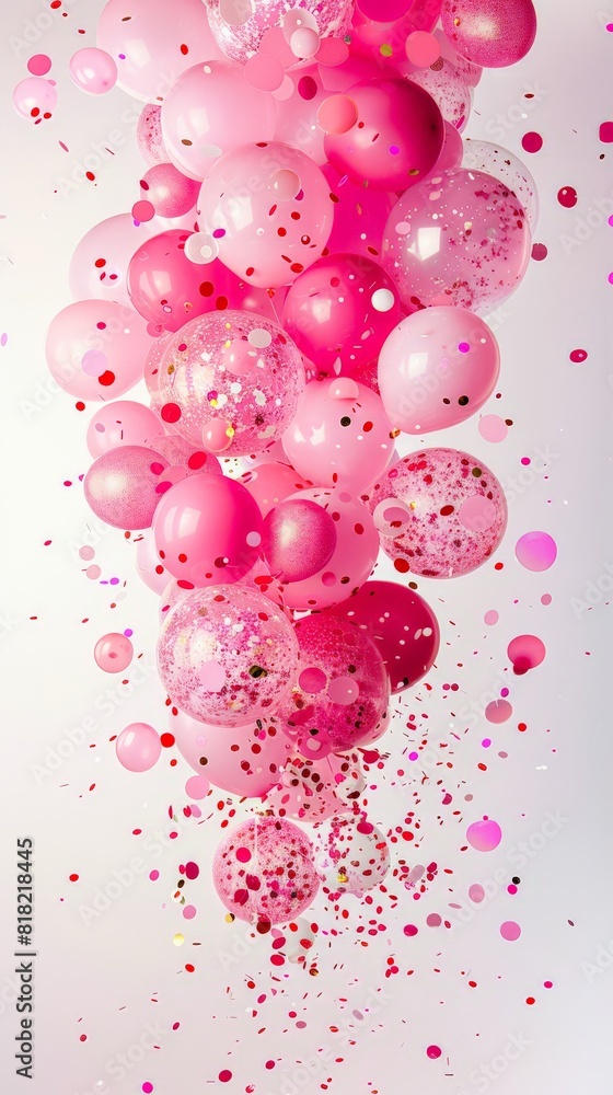 Poster cluster of pink and white balloons with confetti against a white background. festive and joyful part