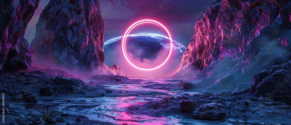 Poster 3d render abstract background cosmic landscape round portal neon light virtual reality energy source
