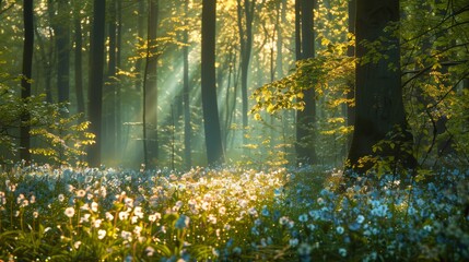A lush forest in spring, filled with blooming flowers, towering trees, and dappled sunlight filtering through the leaves, creating a vibrant and lively atmosphere 