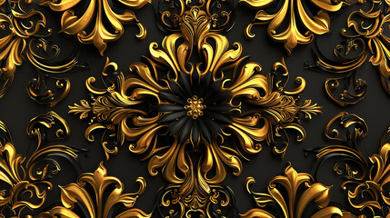 Radiant Gold and Black Floral Pattern A striking 3D realistic floral Islamic pattern in radiant gold and black, featuring intricate details on a jet black backdrop.