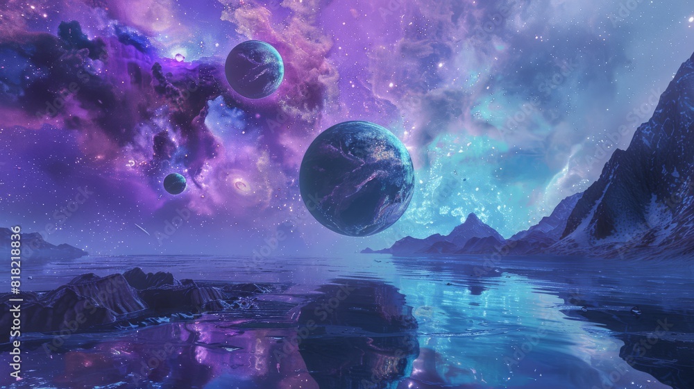 Poster Scenic view of planets and stars over a reflective alien ocean. Cosmic and otherworldly background for fantasy and sci-fi themes