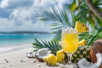 Exotic cocktail with pineapple and coconut, beach style