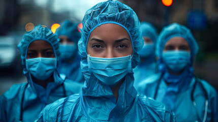 Focused female healthcare professional in scrubs with a protective mask and cap standing with colleagues in a hospital setting, conveying teamwork in healthcare.