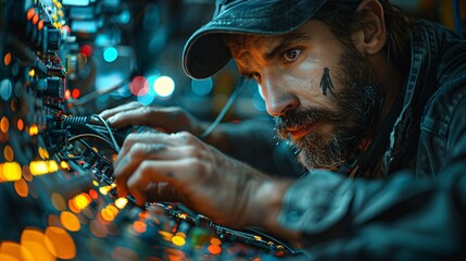 Obraz premium Skilled Electrician Engaged in Switchboard Maintenance 