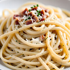 A plate of creamy pasta carbonara with perfectly cooked spaghetti