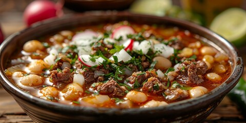 Fototapeta premium A bowl filled with hearty stew containing chunks of meat and assorted vegetables