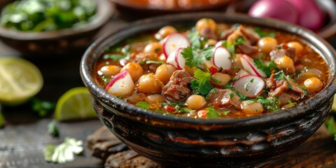 A bowl of soup filled with radishes and cilantro on a table
