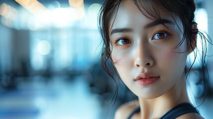 Fototapeta premium Young Woman in Gym with Focused Expression and Natural Light