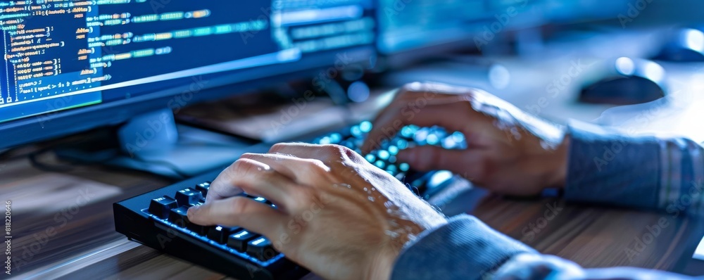Poster a closeup of a cybersecurity professionals hands typing rapidly on a keyboard