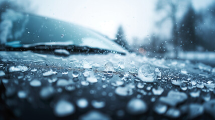 The hood and windshield of a car is pelted with rain and hail.  A hailstorm, low angle, hail damaged car, hail damaged property