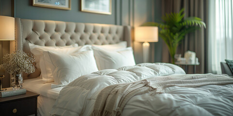 Bedroom with white sheets and pillows on a bed