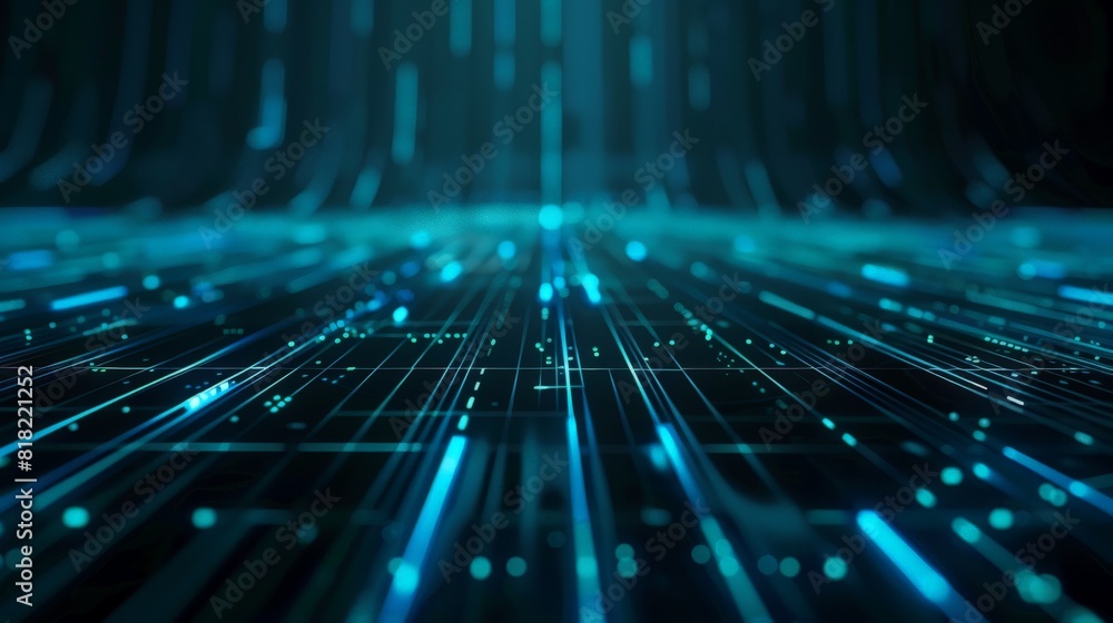 Poster Futuristic blue digital data streams flowing dynamically on a dark background. Technology and innovation concept.