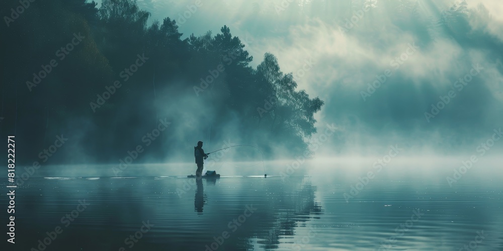 Poster a fisherman casting a line into a lake with negative space