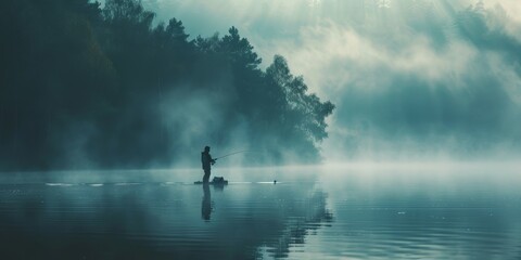 A fisherman casting a line into a lake with negative space